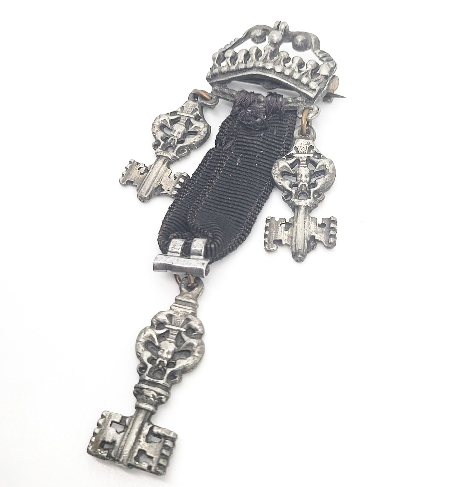 Victorian Crown and skull key antique sterling silver ribbon charm brooch