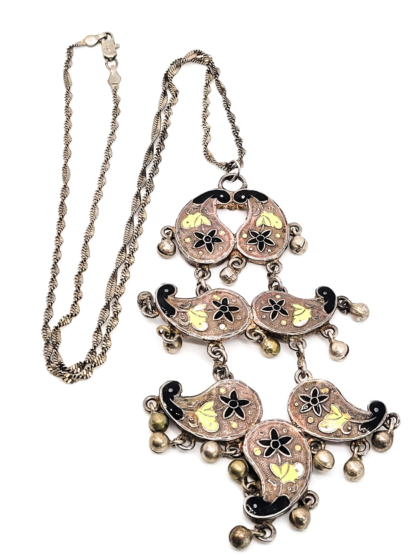 Yellow and black Cloisonné enamel tribal bell vintage necklace