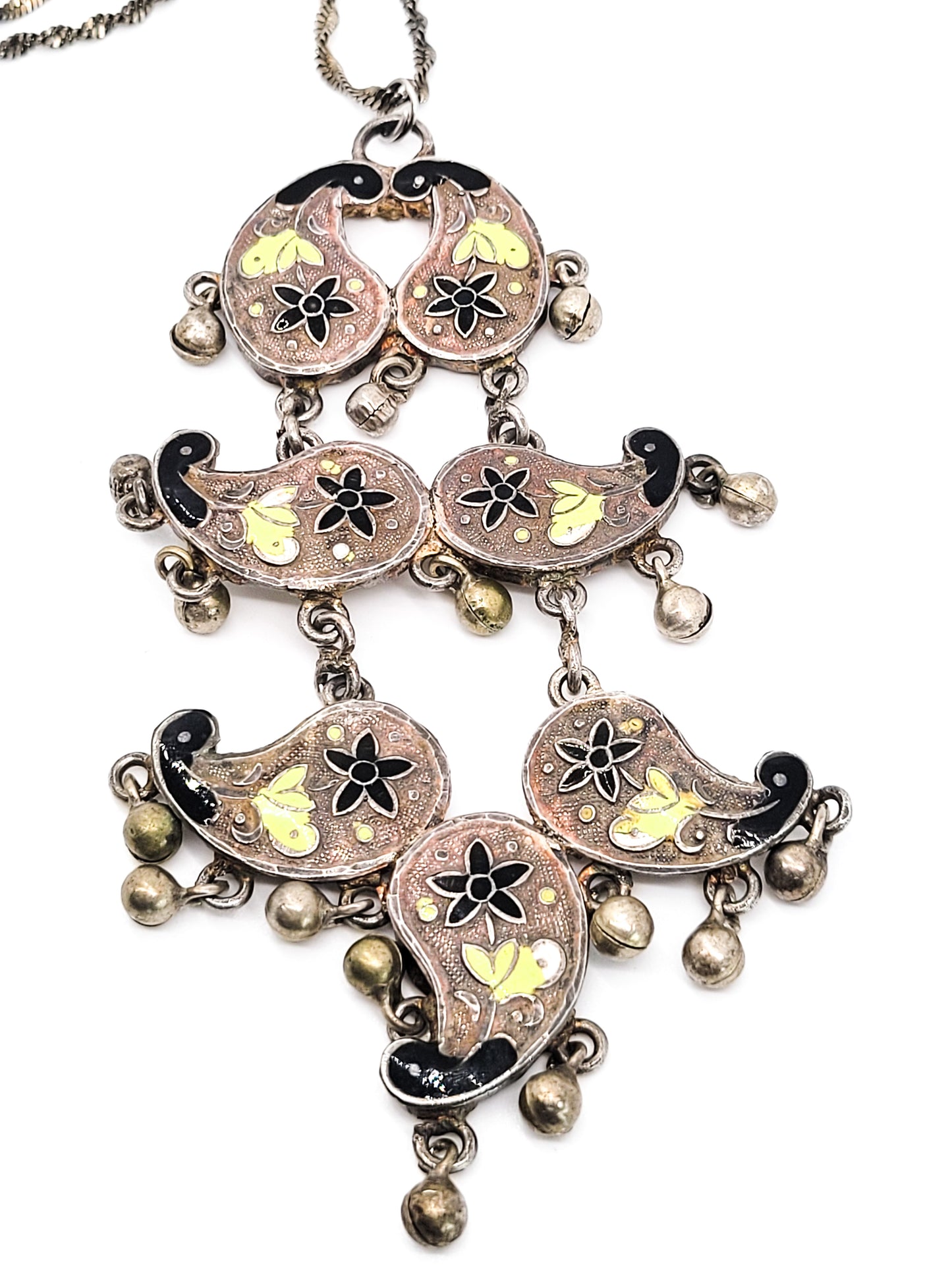 Yellow and black Cloisonné enamel tribal bell vintage necklace