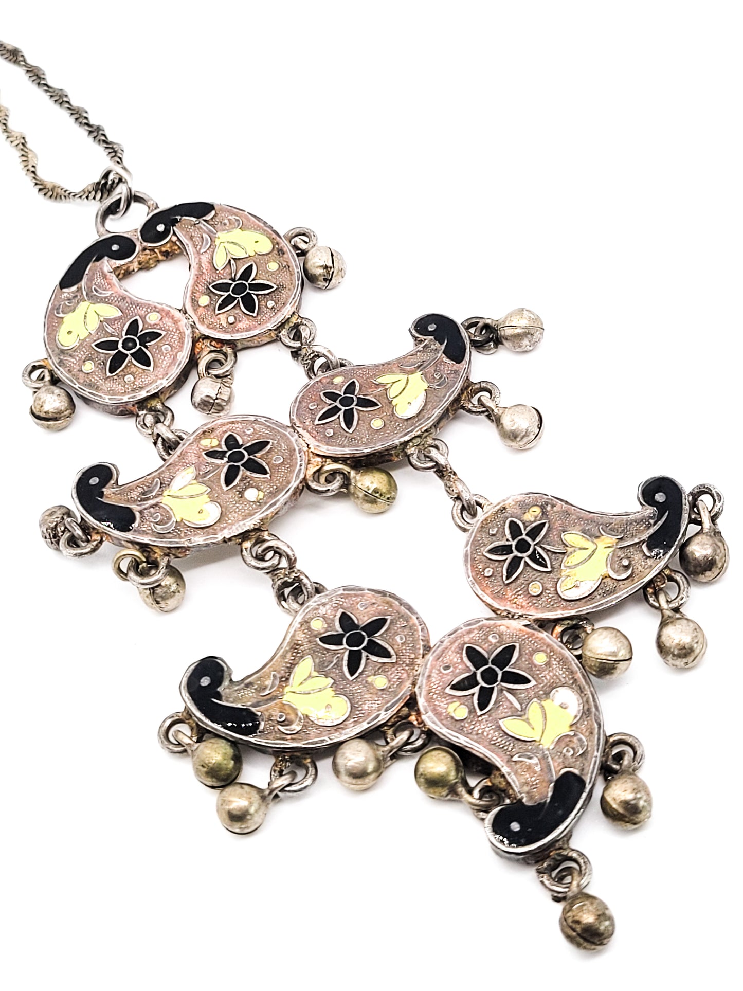 Yellow and black Cloisonné enamel tribal bell vintage necklace