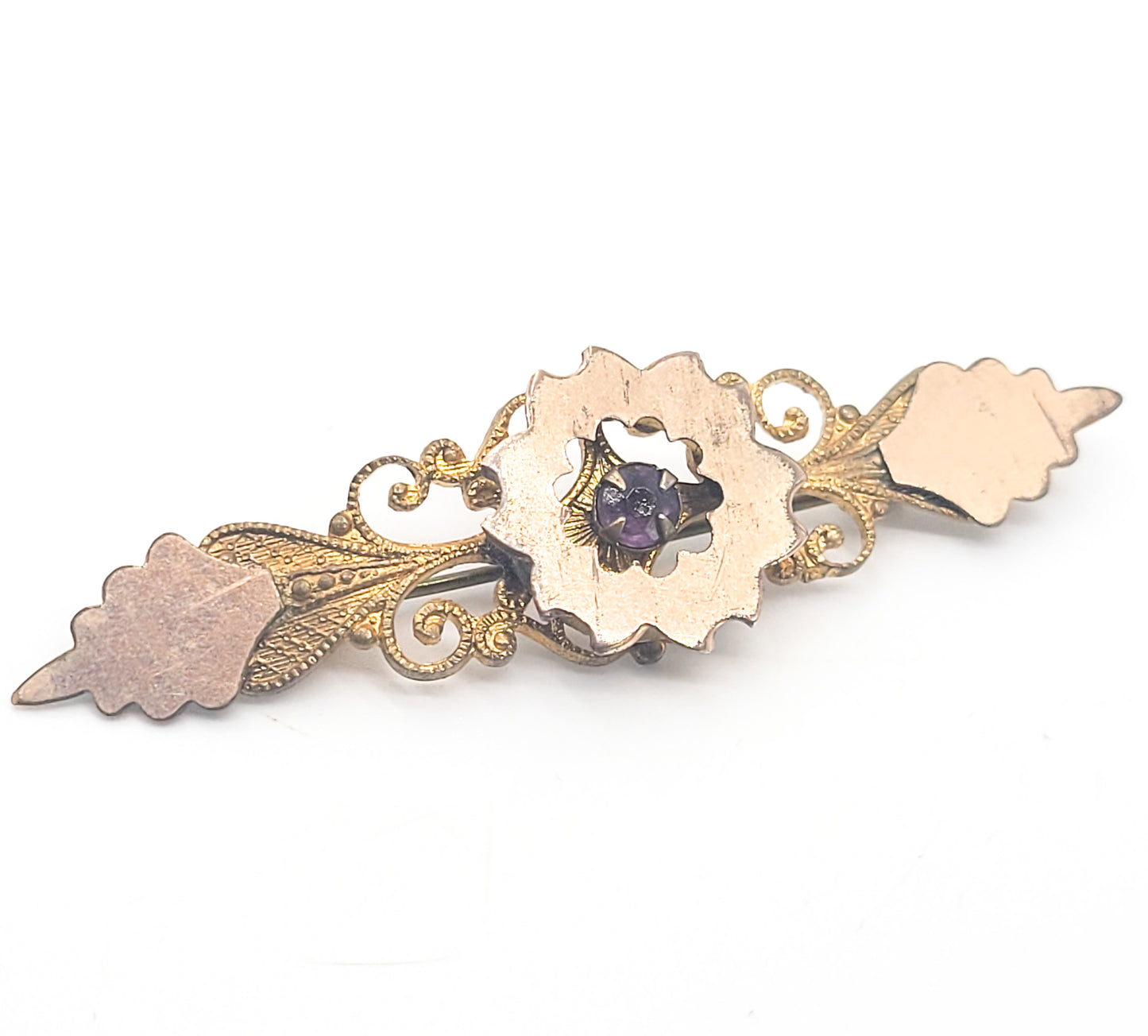 Edwardian purple paste yellow gold filled antique bar pin brooch