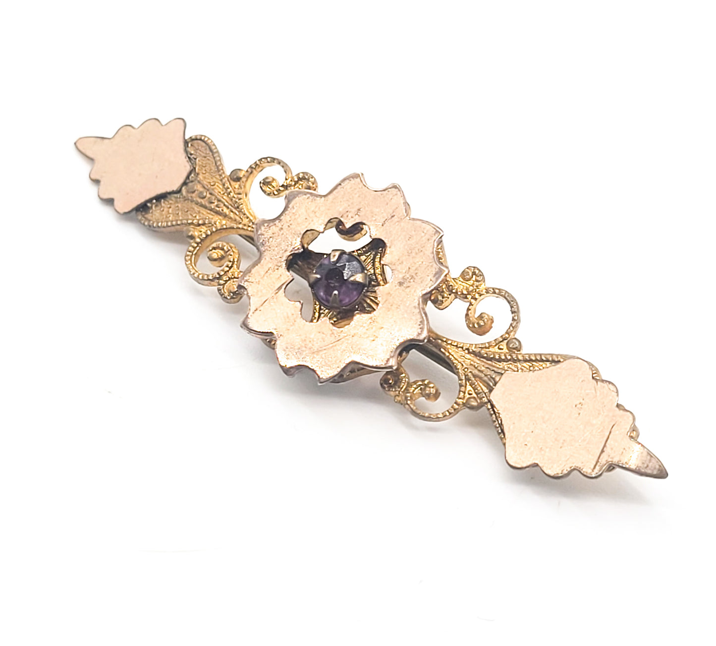 Edwardian purple paste yellow gold filled antique bar pin brooch