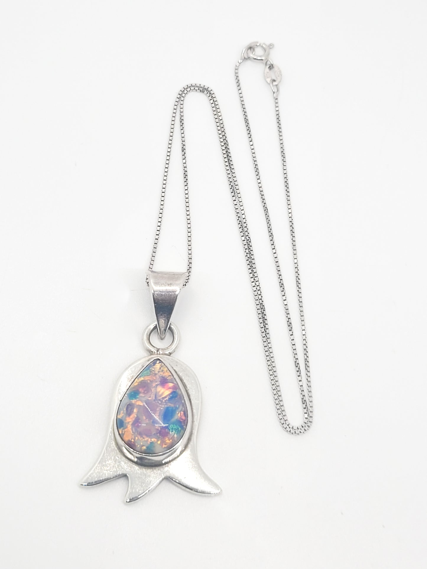 Dichroic glass vintage pink flower Taxco Mexican sterling silver necklace TC 319