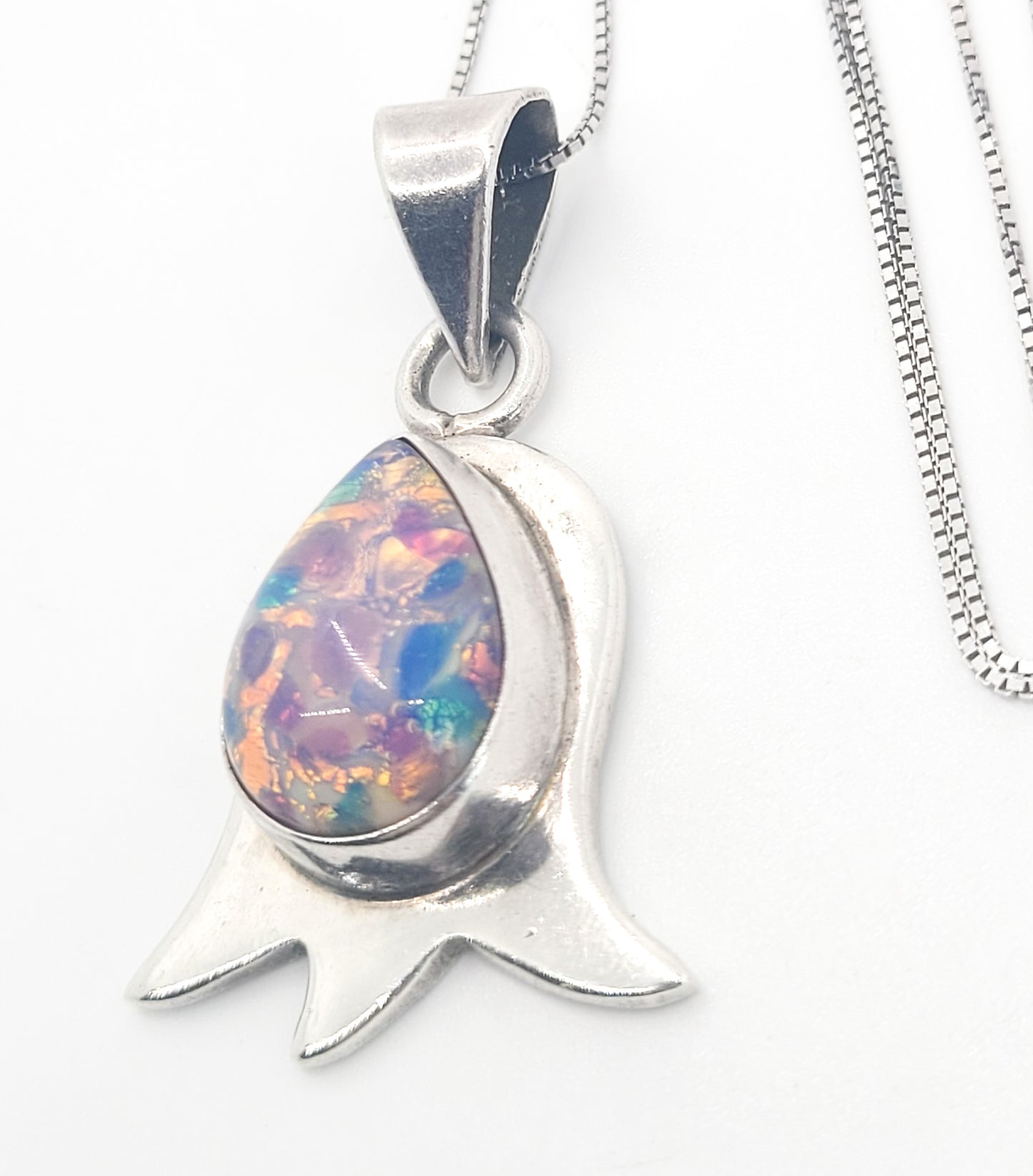 Dichroic glass vintage pink flower Taxco Mexican sterling silver necklace TC 319