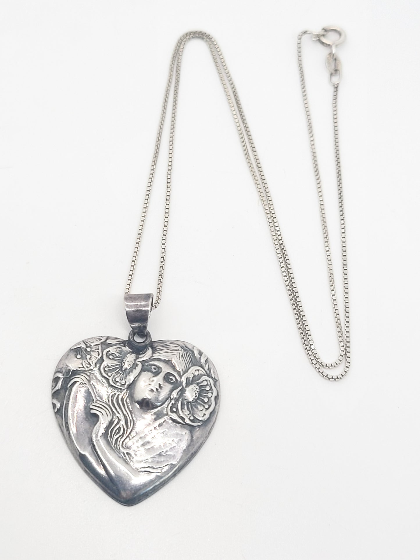 Art Nouveau style Nymph in flowers vintage sterling silver heart pendant