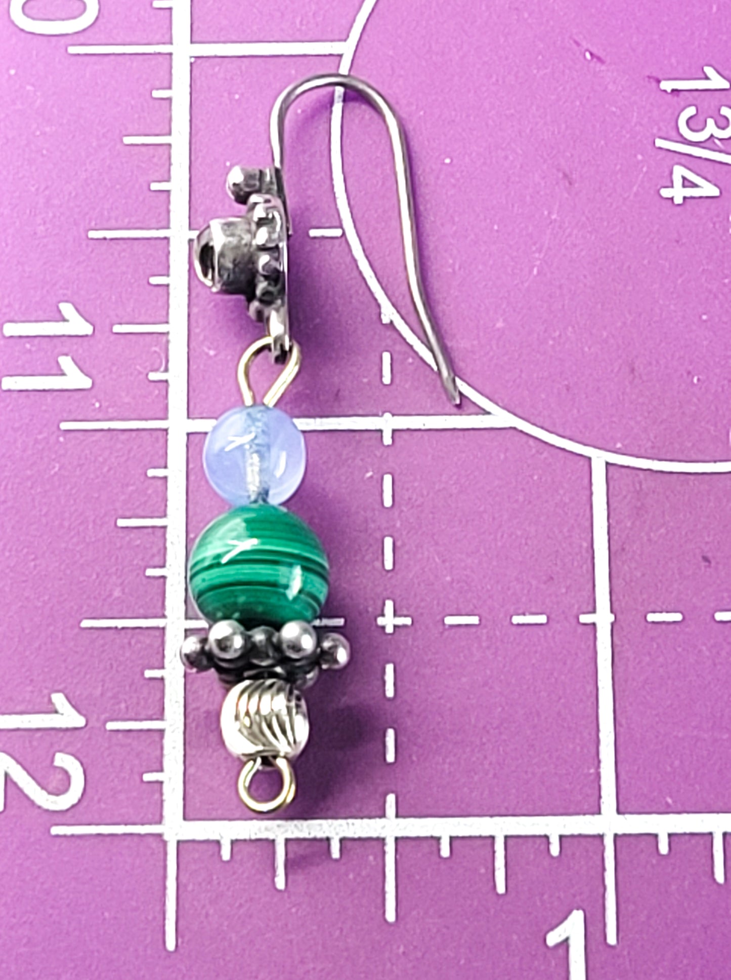 Peridot and Malachite vintage beaded drop sterling silver earrings