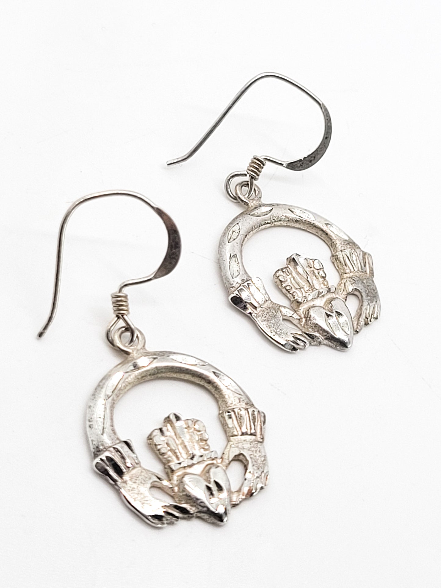 Claddagh Celtic Irish hoop heart in hands vintage sterling silver drop earrings