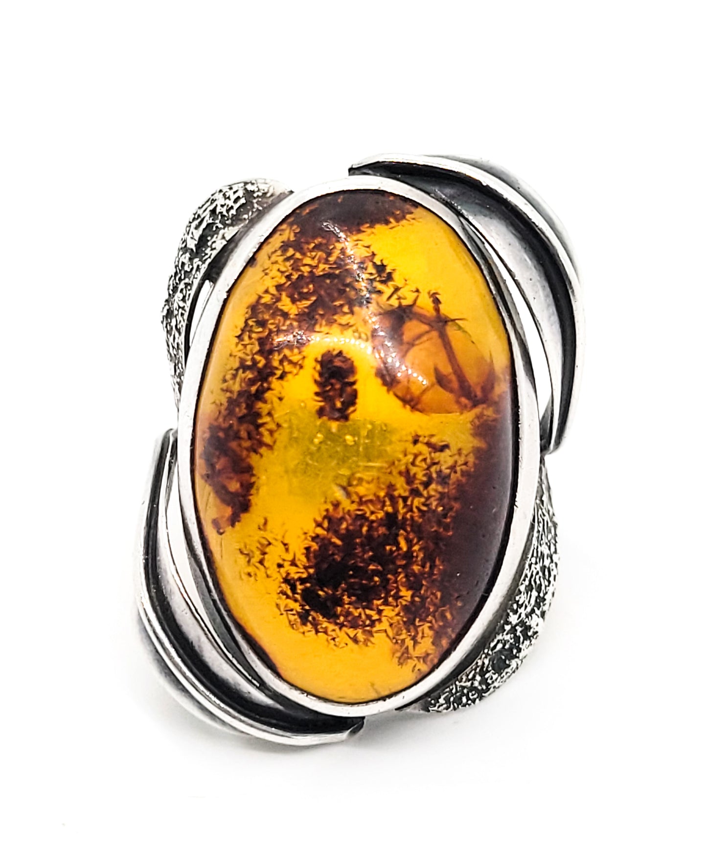 Baltic Amber Large vintage Polish signed EK sterling silver ring size 7.5 Poland