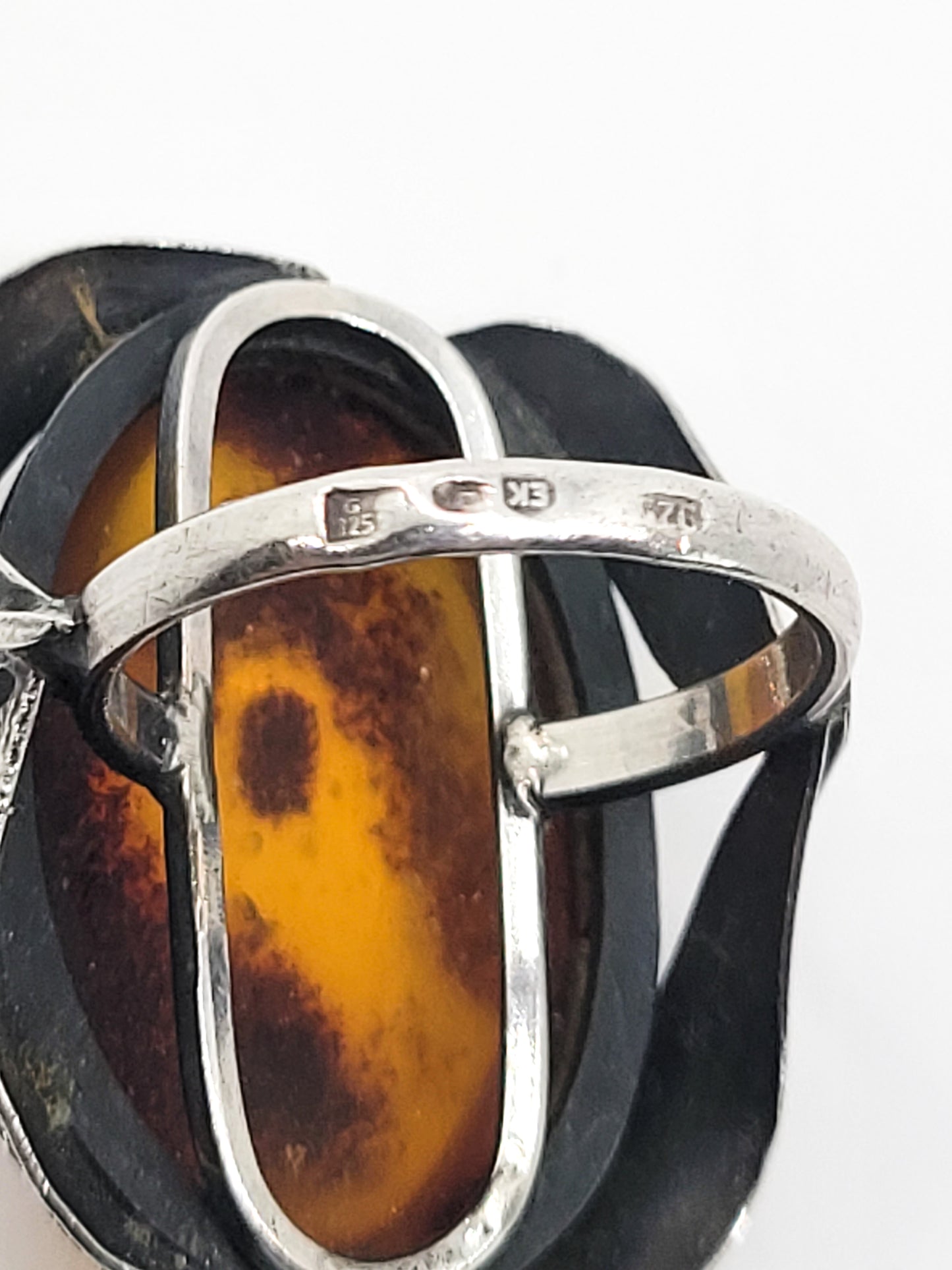 Baltic Amber Large vintage Polish signed EK sterling silver ring size 7.5 Poland