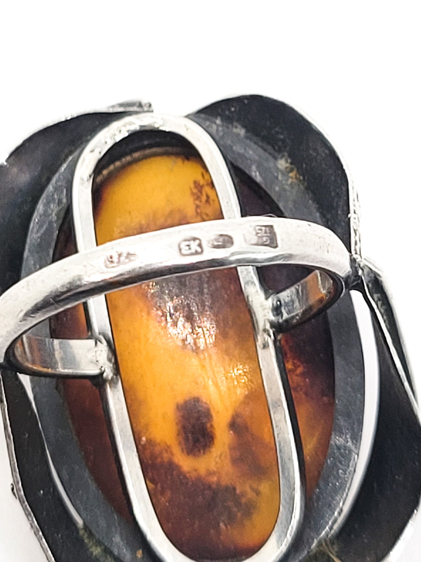 Baltic Amber Large vintage Polish signed EK sterling silver ring size 7.5 Poland