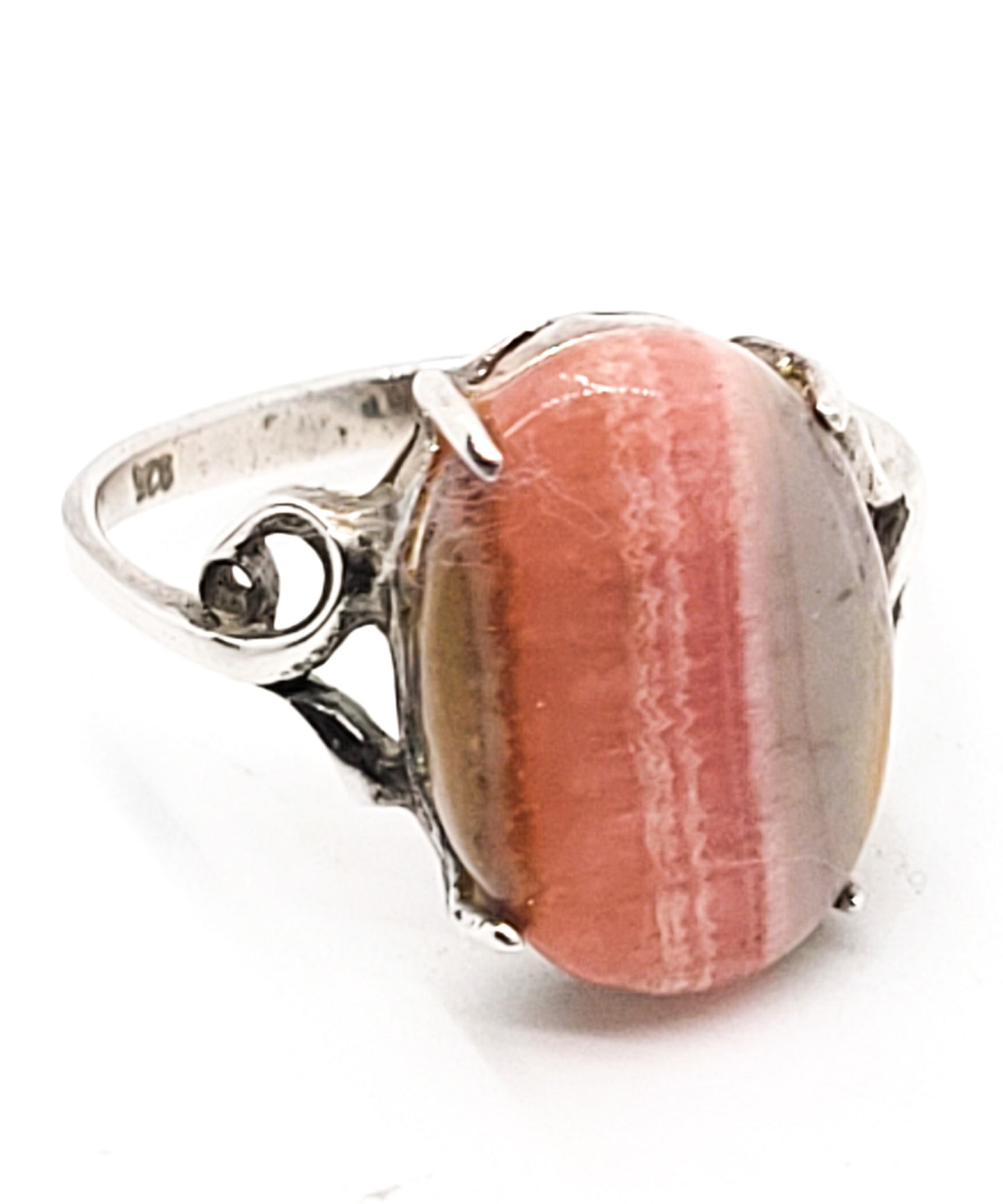 Rhodochrosite banded pink gemstone prong set vintage sterling ring size 7
