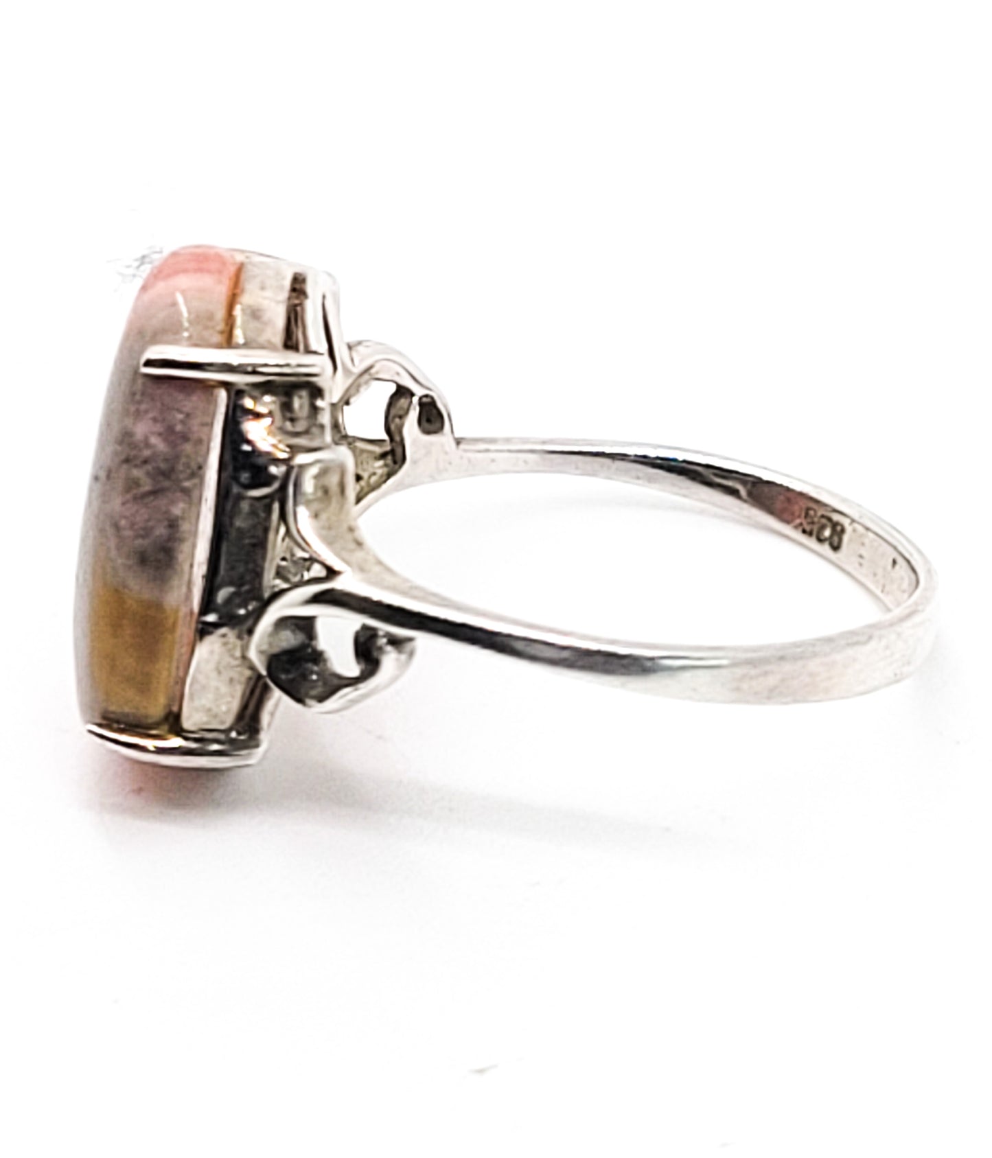 Rhodochrosite banded pink gemstone prong set vintage sterling ring size 7