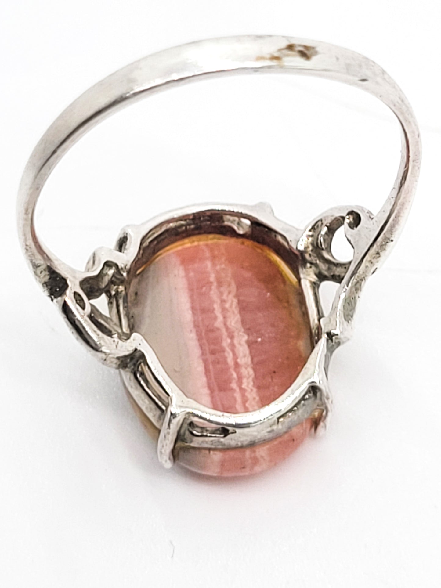 Rhodochrosite banded pink gemstone prong set vintage sterling ring size 7