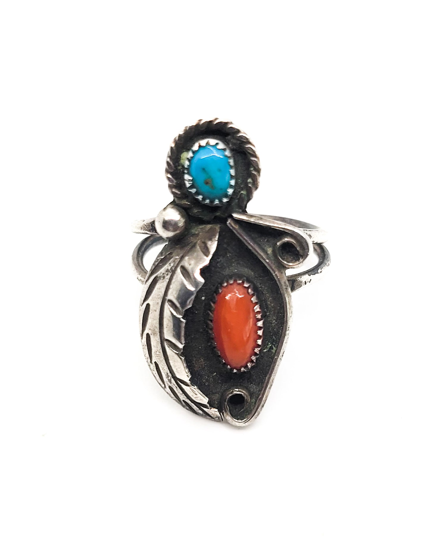 Turquoise and Red coral Navajo Native American sterling silver ring size 6