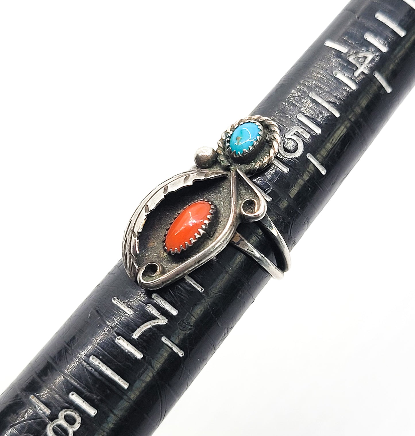 Turquoise and Red coral Navajo Native American sterling silver ring size 6