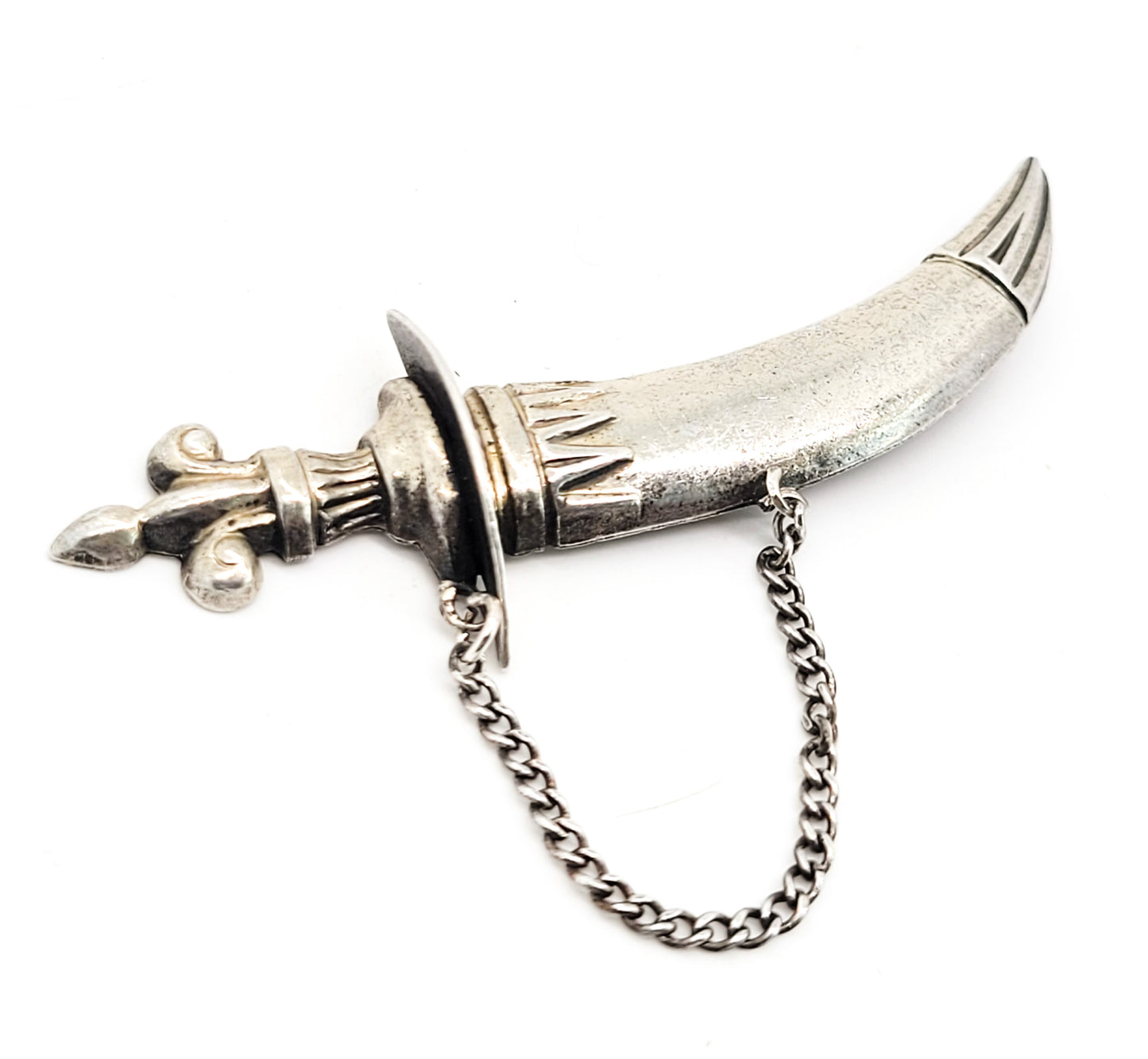 Lang Sterling Mid-Century Sterling Silver Khanjar-inspired Dagger in Scabbard Pin Brooch