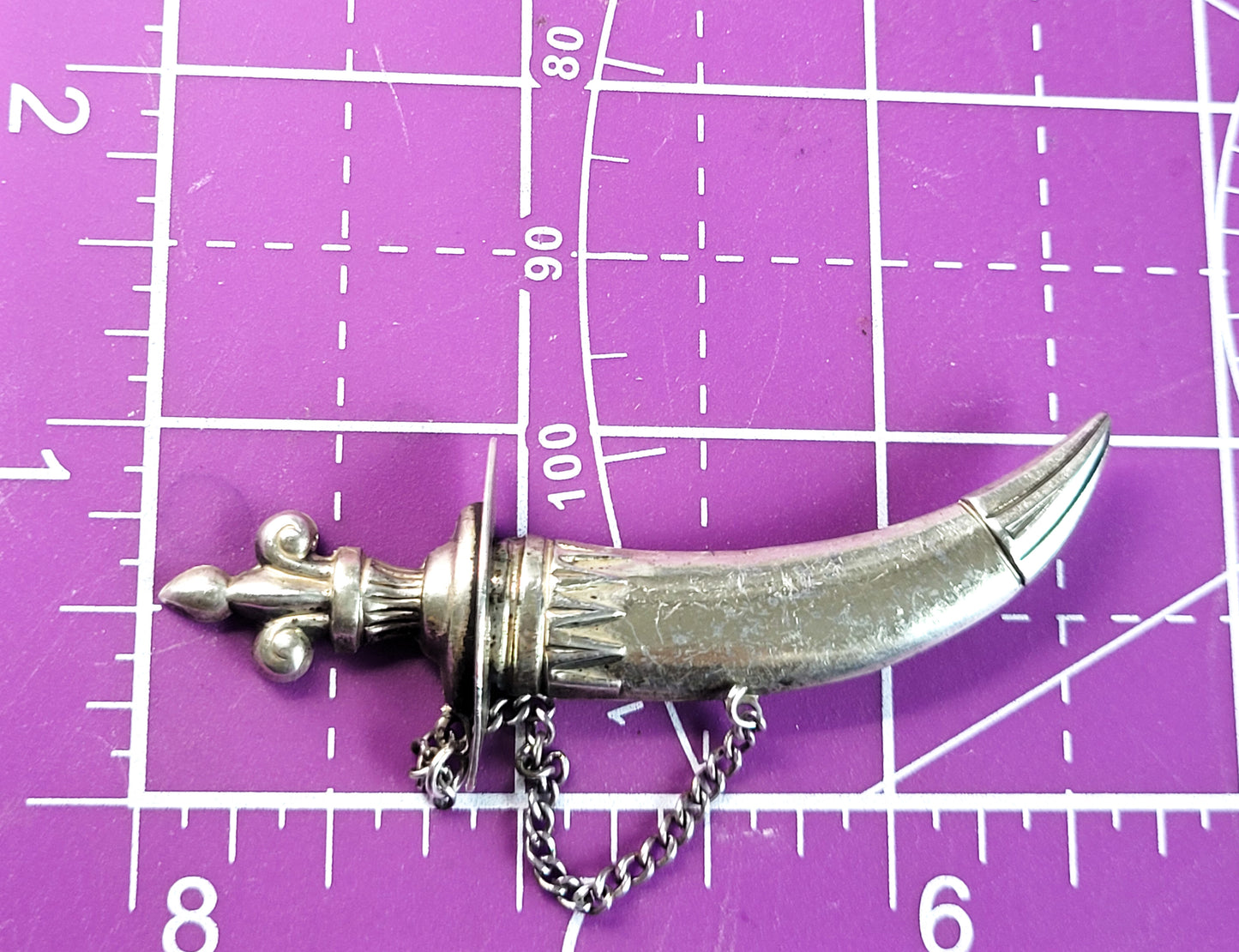 Lang Sterling Mid-Century Sterling Silver Khanjar-inspired Dagger in Scabbard Pin Brooch