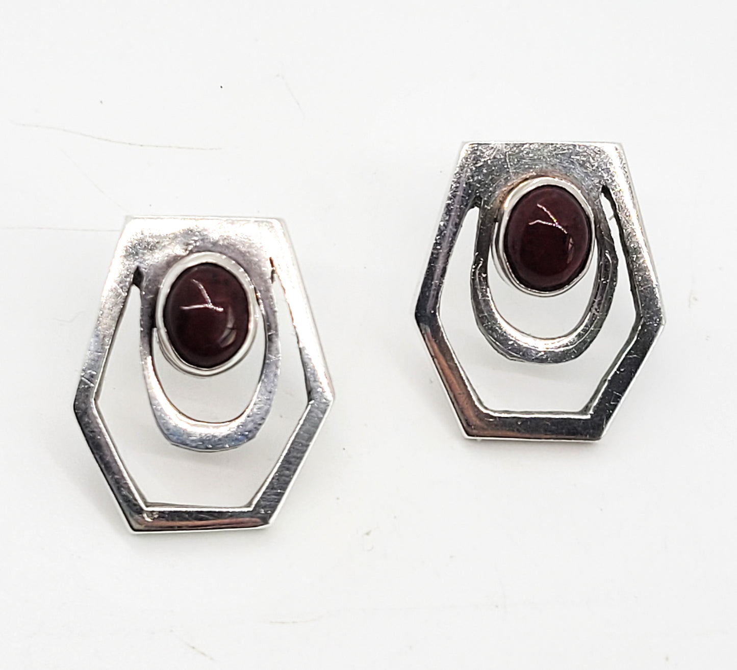 Modernist red Jasper sterling silver cut out Hexagon artist made Mexican earrings