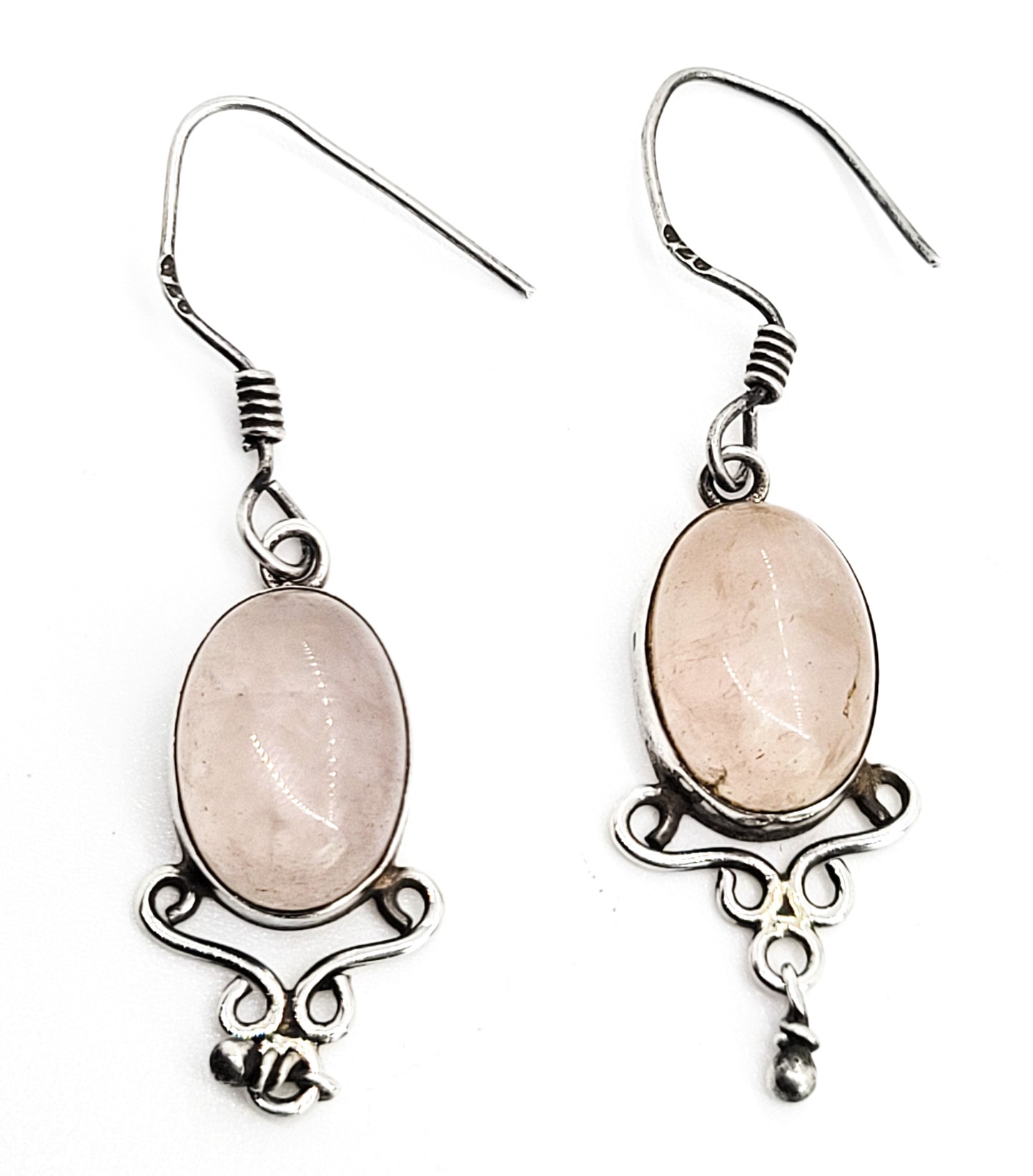 Rose Quartz pink gemstone large vintage sterling silver bohemian drop earrings