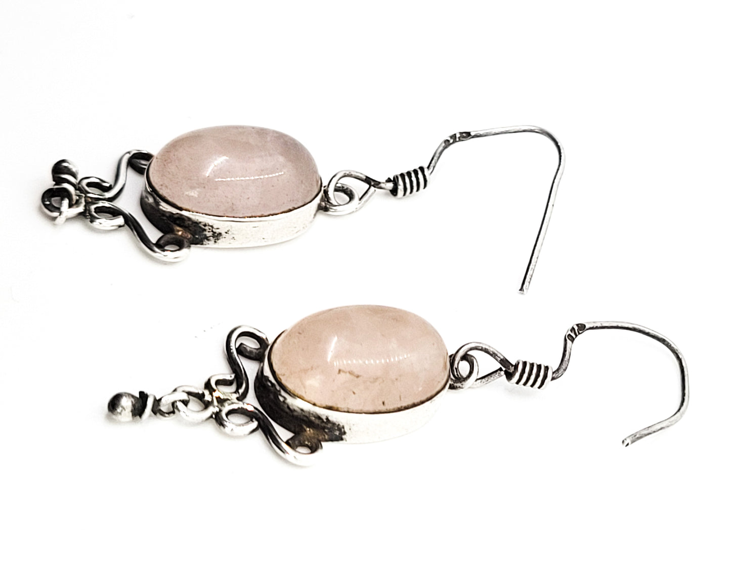 Rose Quartz pink gemstone large vintage sterling silver bohemian drop earrings