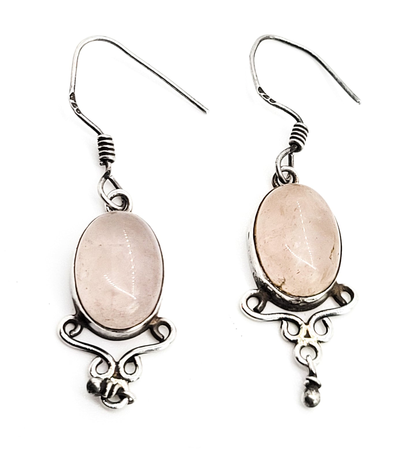 Rose Quartz pink gemstone large vintage sterling silver bohemian drop earrings