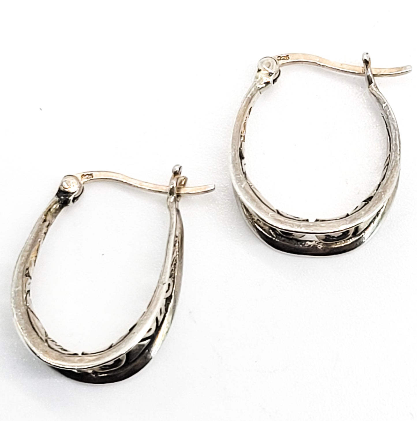 Tribal Balinese Bali style open work vintage thick sterling silver lever back hoop earrings