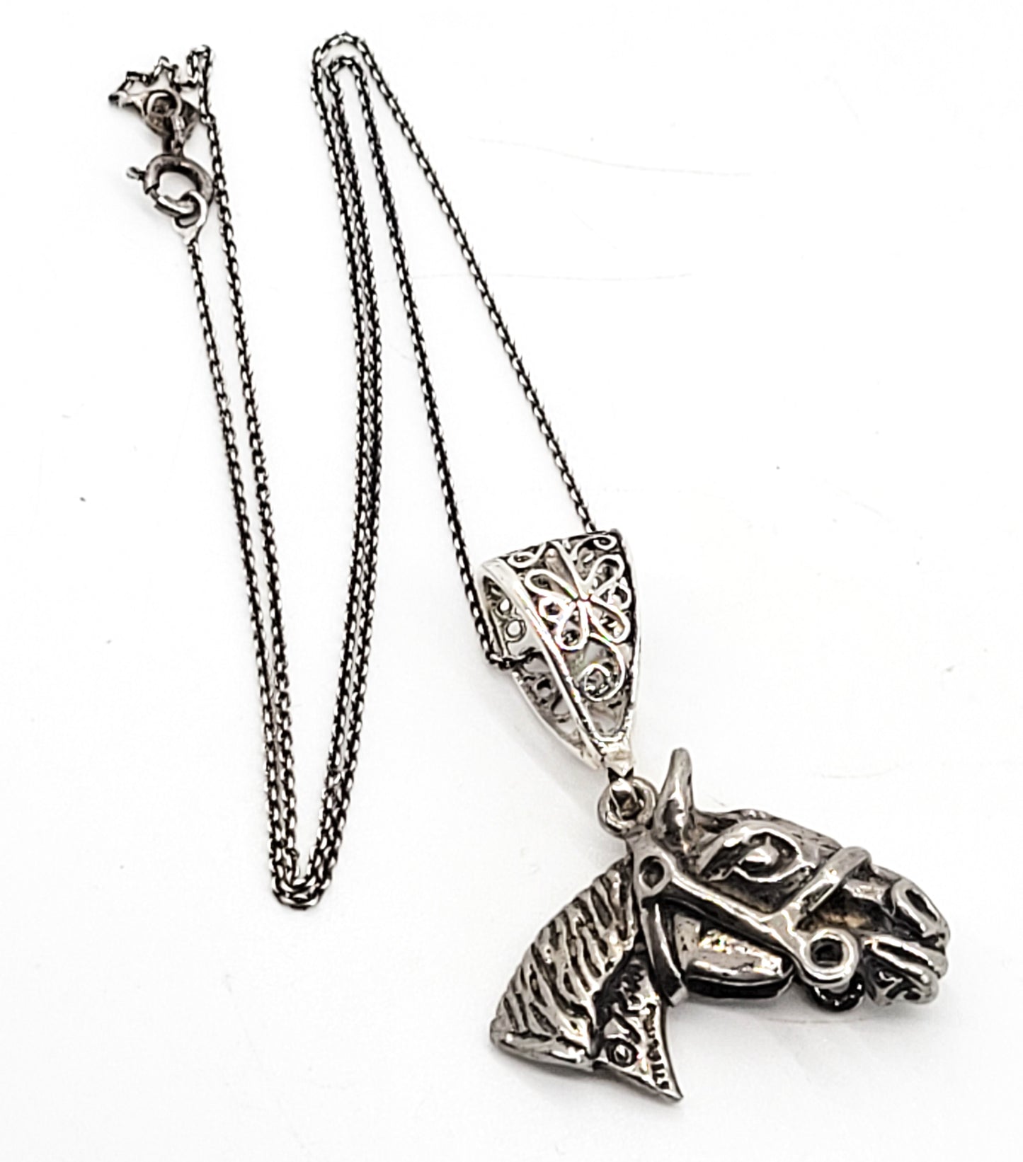 Kiva signed horse head with bridle vintage equestrian sterling silver necklace
