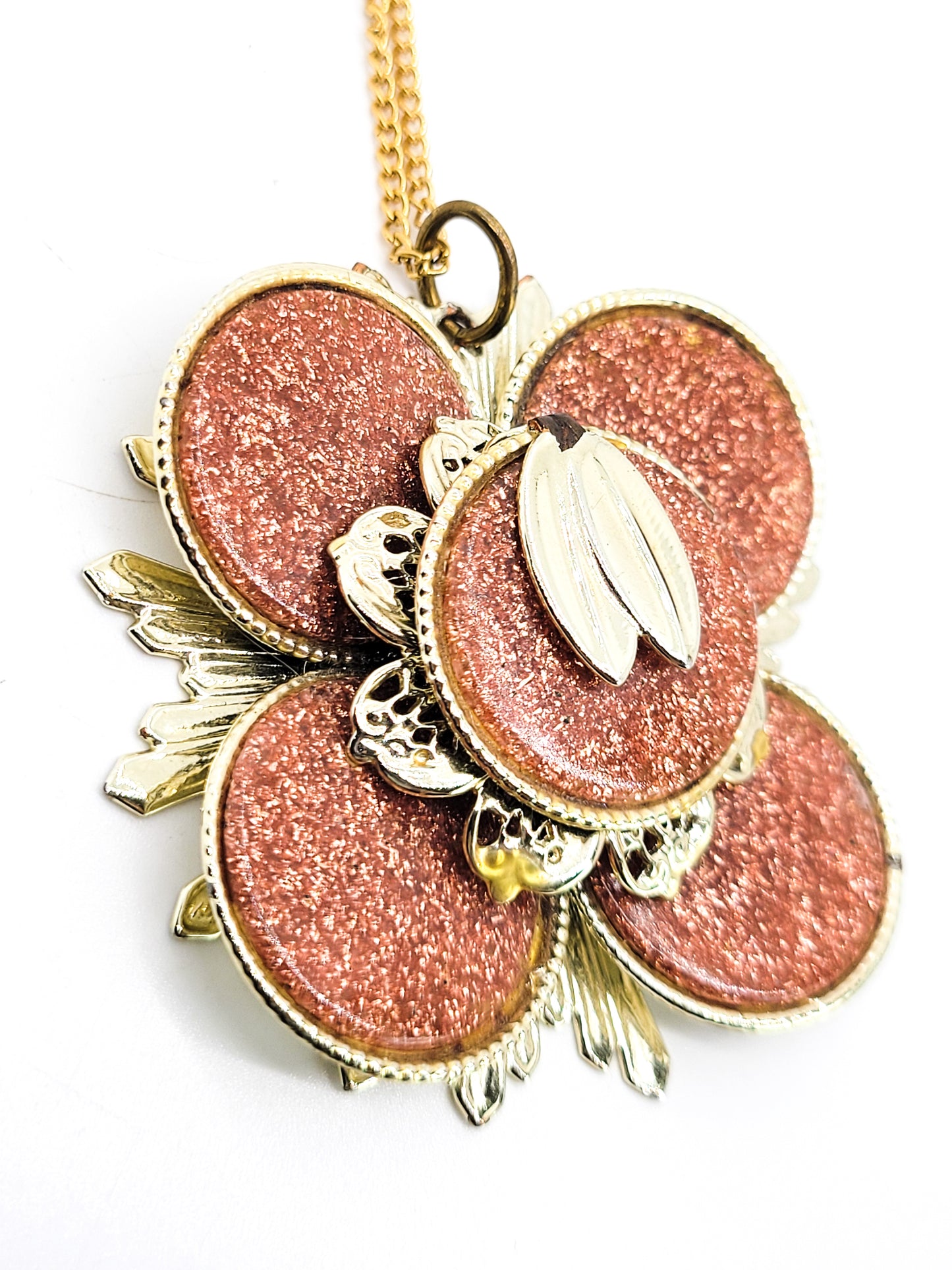 Copper confetti lucite Gold toned mid century vintage atomic pendant necklace