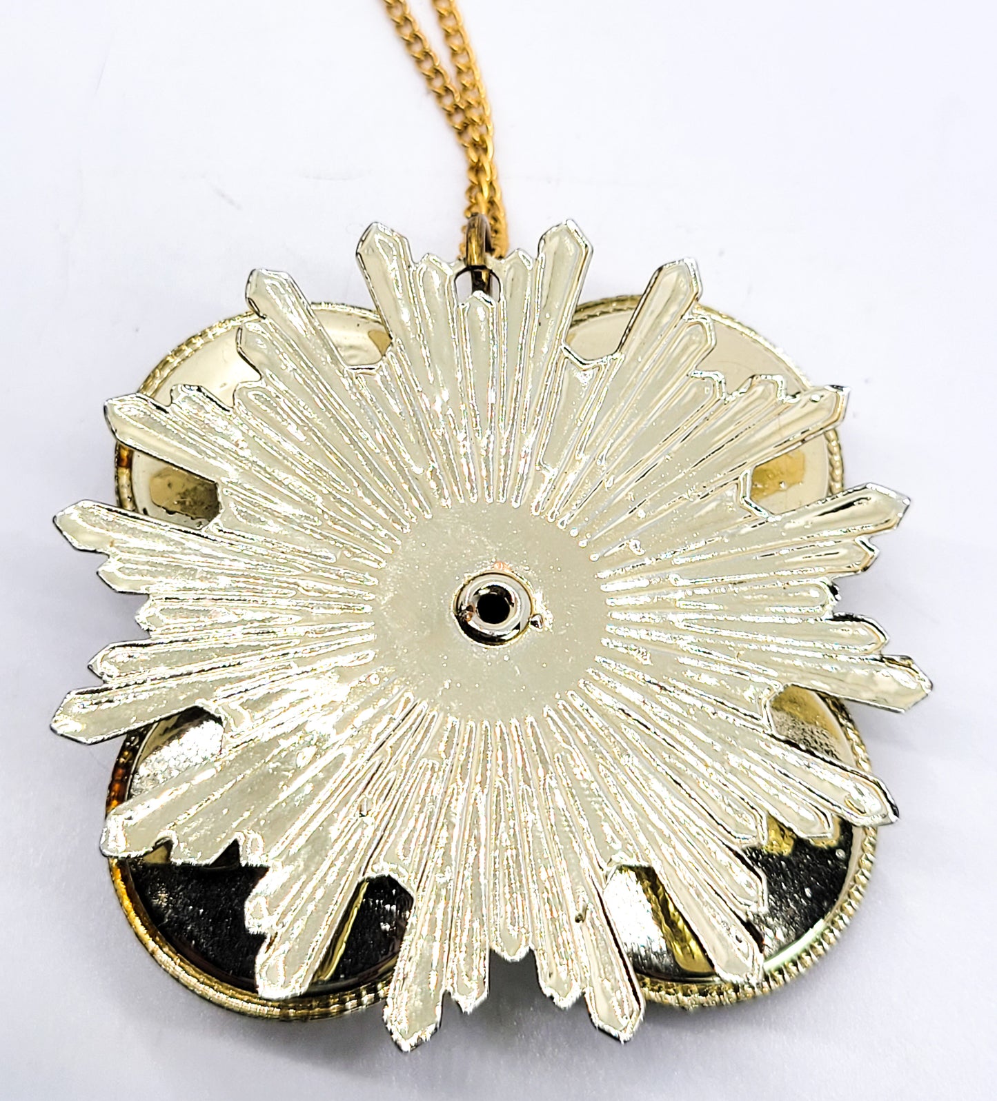 Copper confetti lucite Gold toned mid century vintage atomic pendant necklace