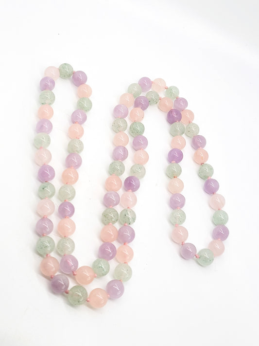Multi colored Jade hand knotted green, pink and purple vintage necklace 30 inches