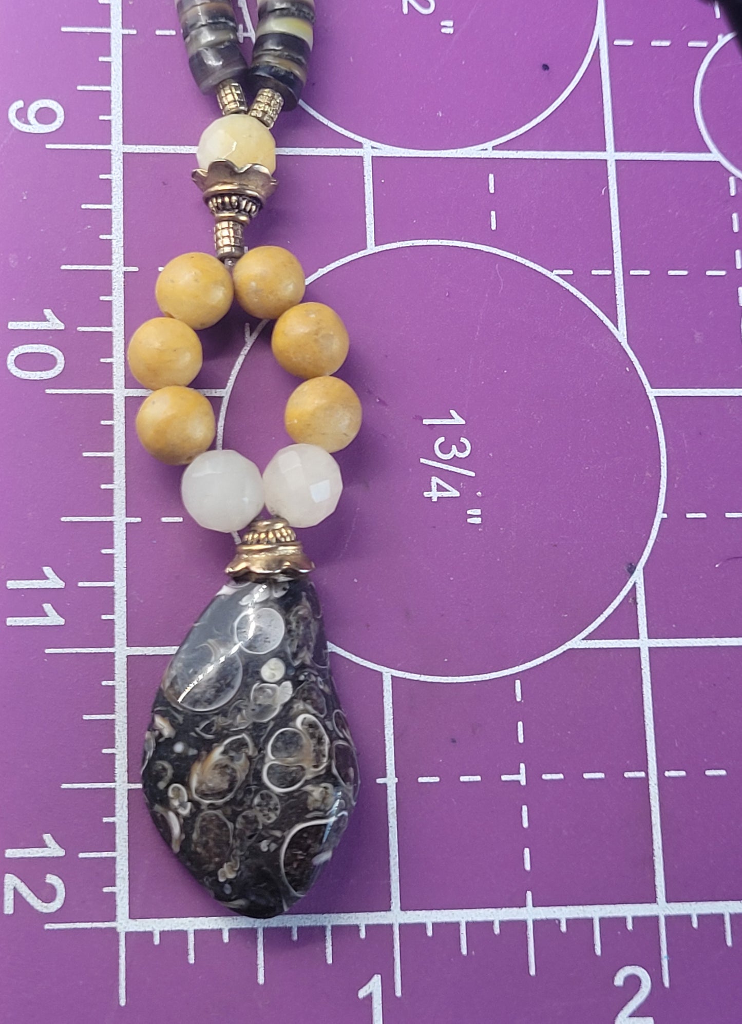 Turritella agate fossil Brown Pen shell Heishi beaded vintage pendant artisan necklace