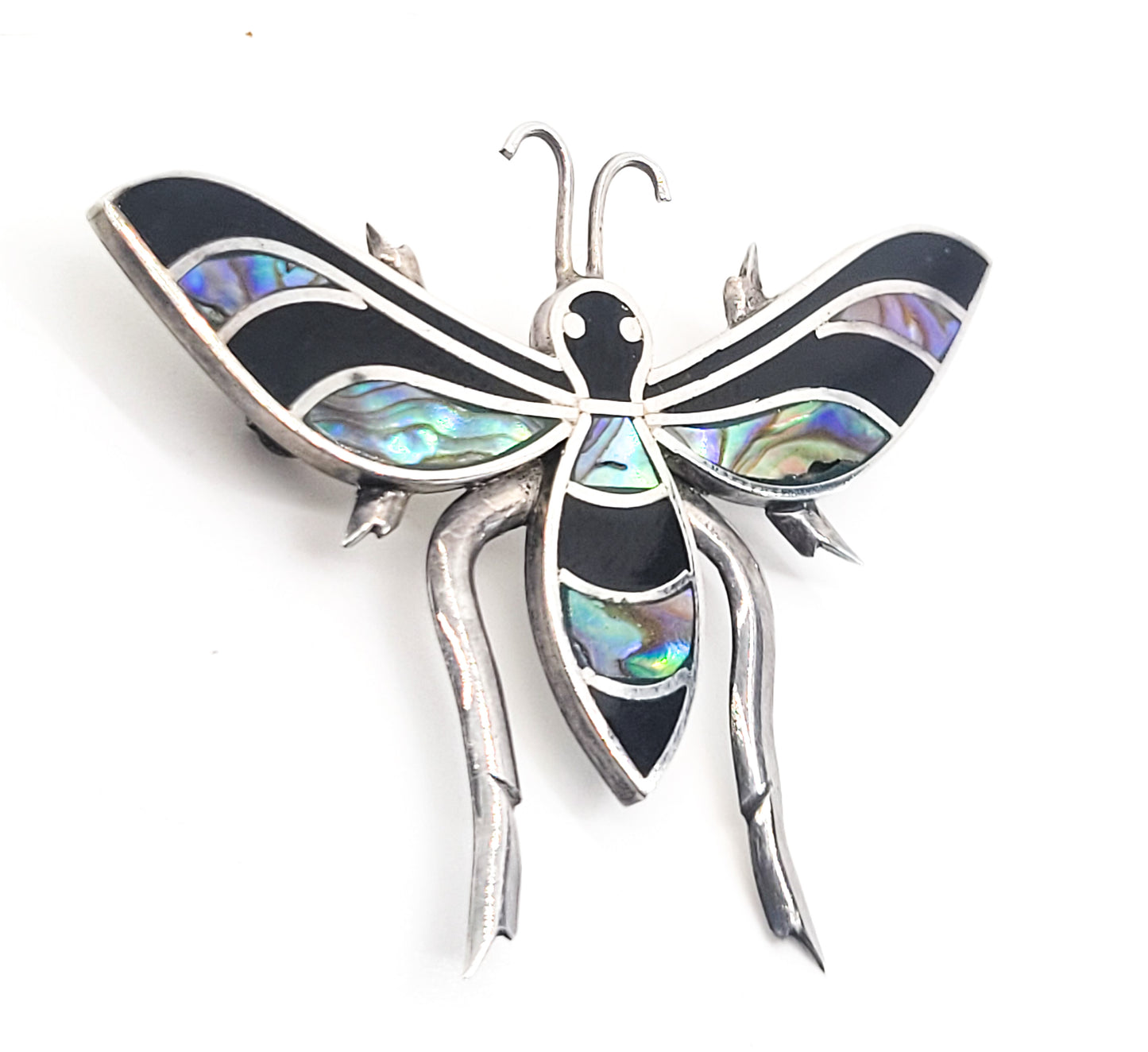Bee Abalone Paua shell and black onyx inlay vintage sterling silver brooch