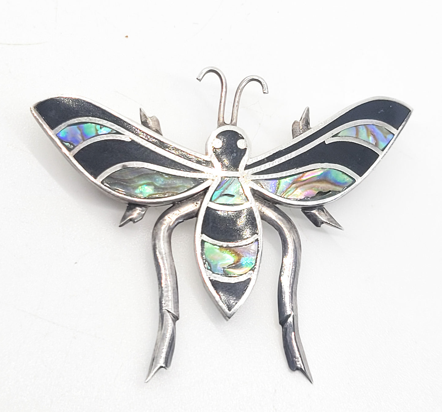 Bee Abalone Paua shell and black onyx inlay vintage sterling silver brooch