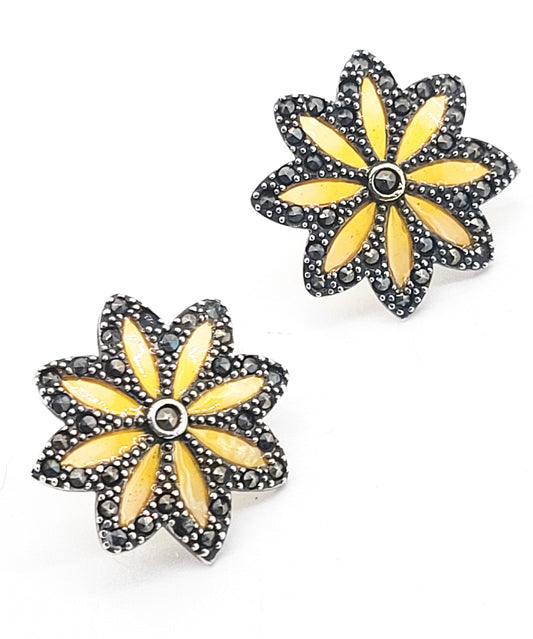 Macy's Plique a jour stained glass yellow flower sterling silver marcasite earrings