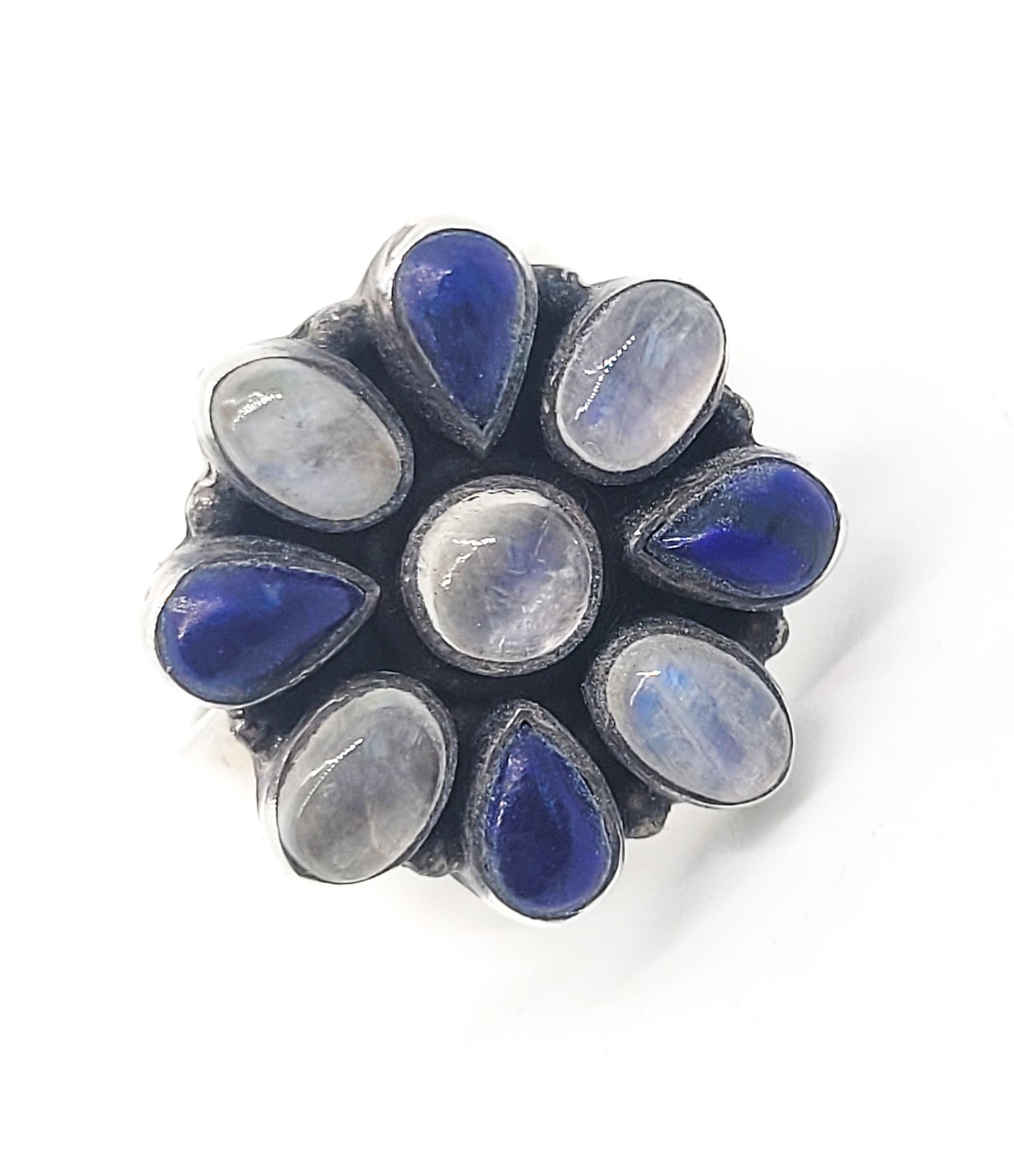 Blue moonstone and lapis lazuli vintage cluster flower sterling silver ring size 7.25