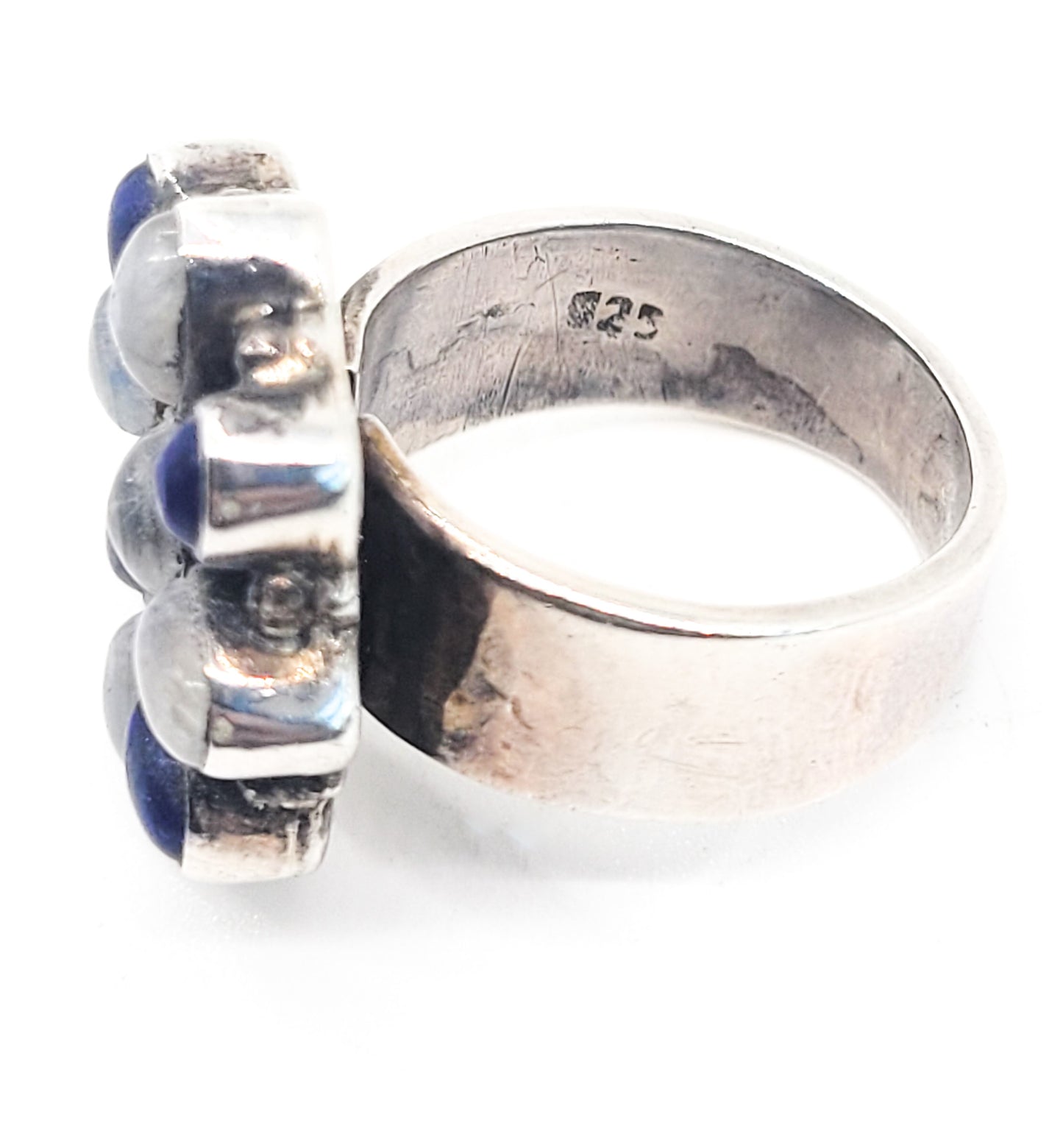 Blue moonstone and lapis lazuli vintage cluster flower sterling silver ring size 7.25