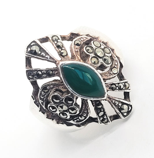 NF Green Chrysoprase and marcasite sterling silver retro vintage ring size 6.5