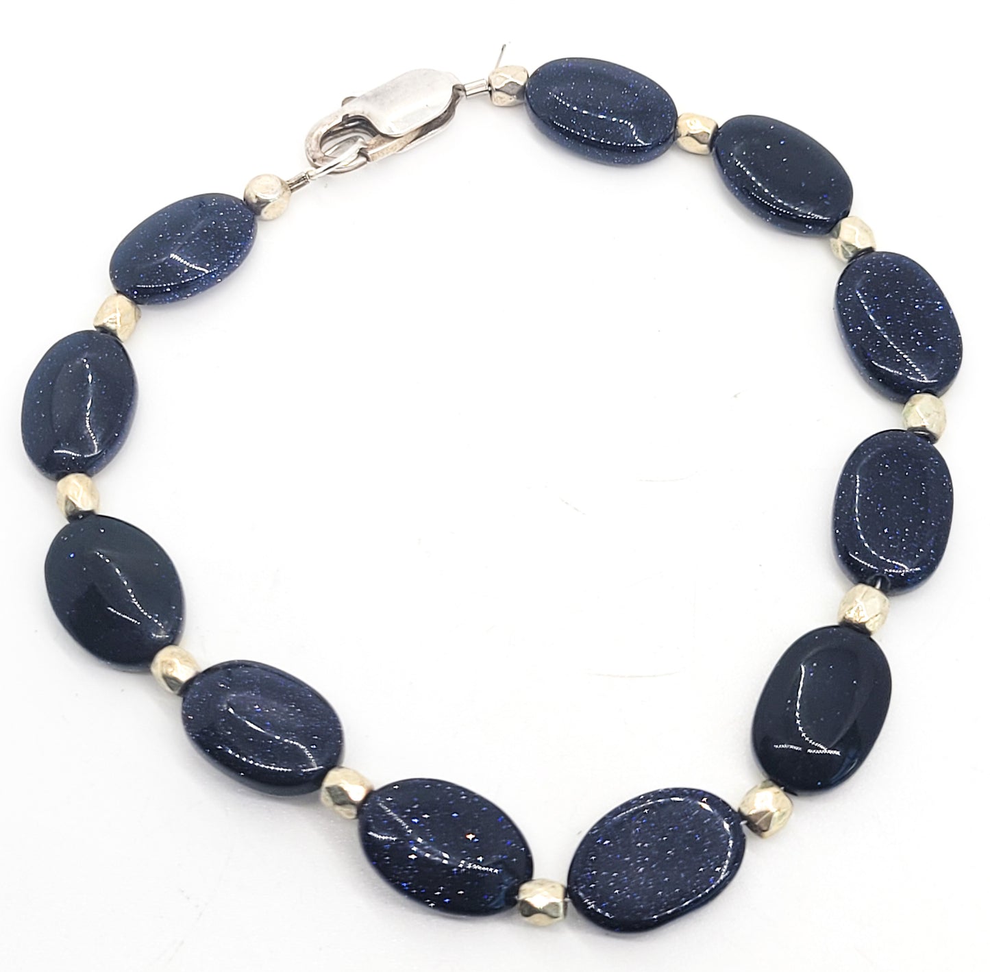Blue gold stone beaded sterling silver vintage bracelet 8.25 inches long