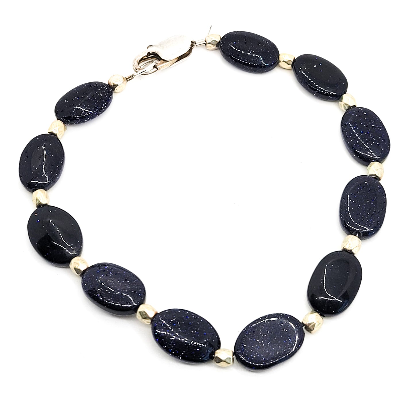 Blue gold stone beaded sterling silver vintage bracelet 8.25 inches long