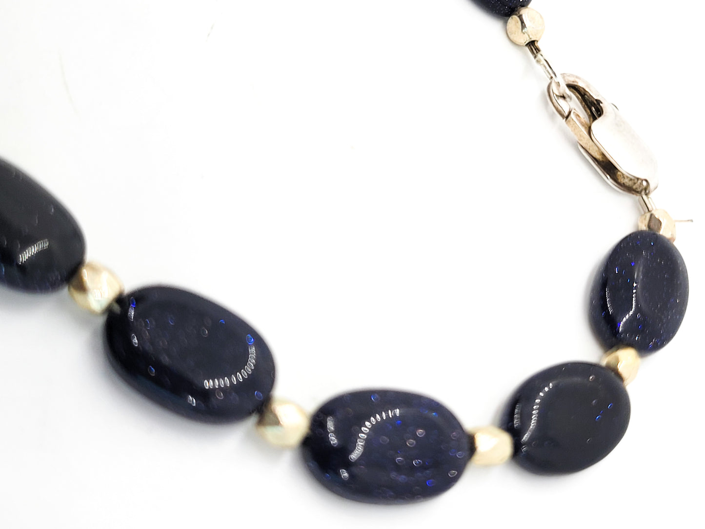 Blue gold stone beaded sterling silver vintage bracelet 8.25 inches long