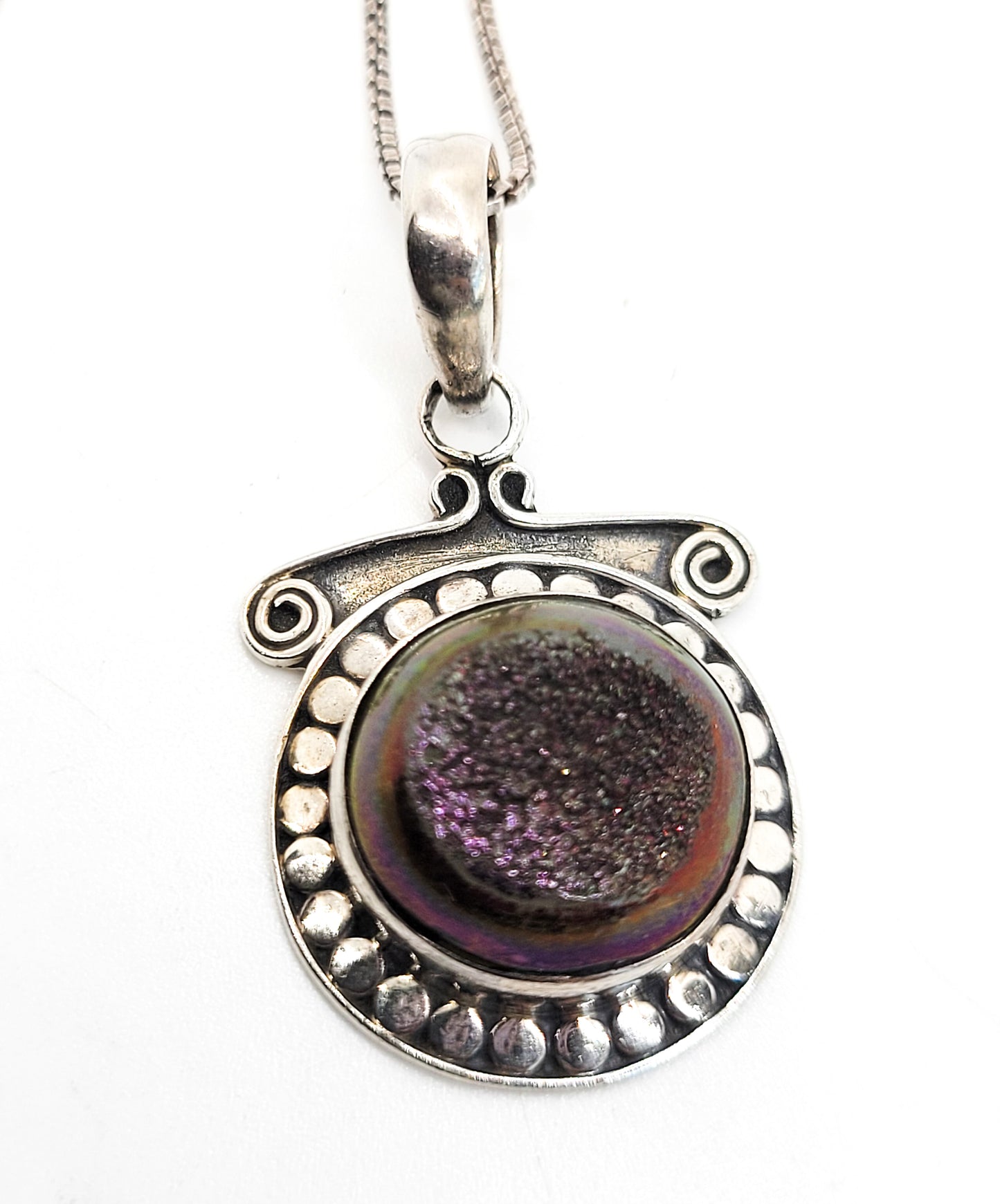 Druzy titanium angel aura purple gold sterling silver vintage tribal Bali pendant necklace