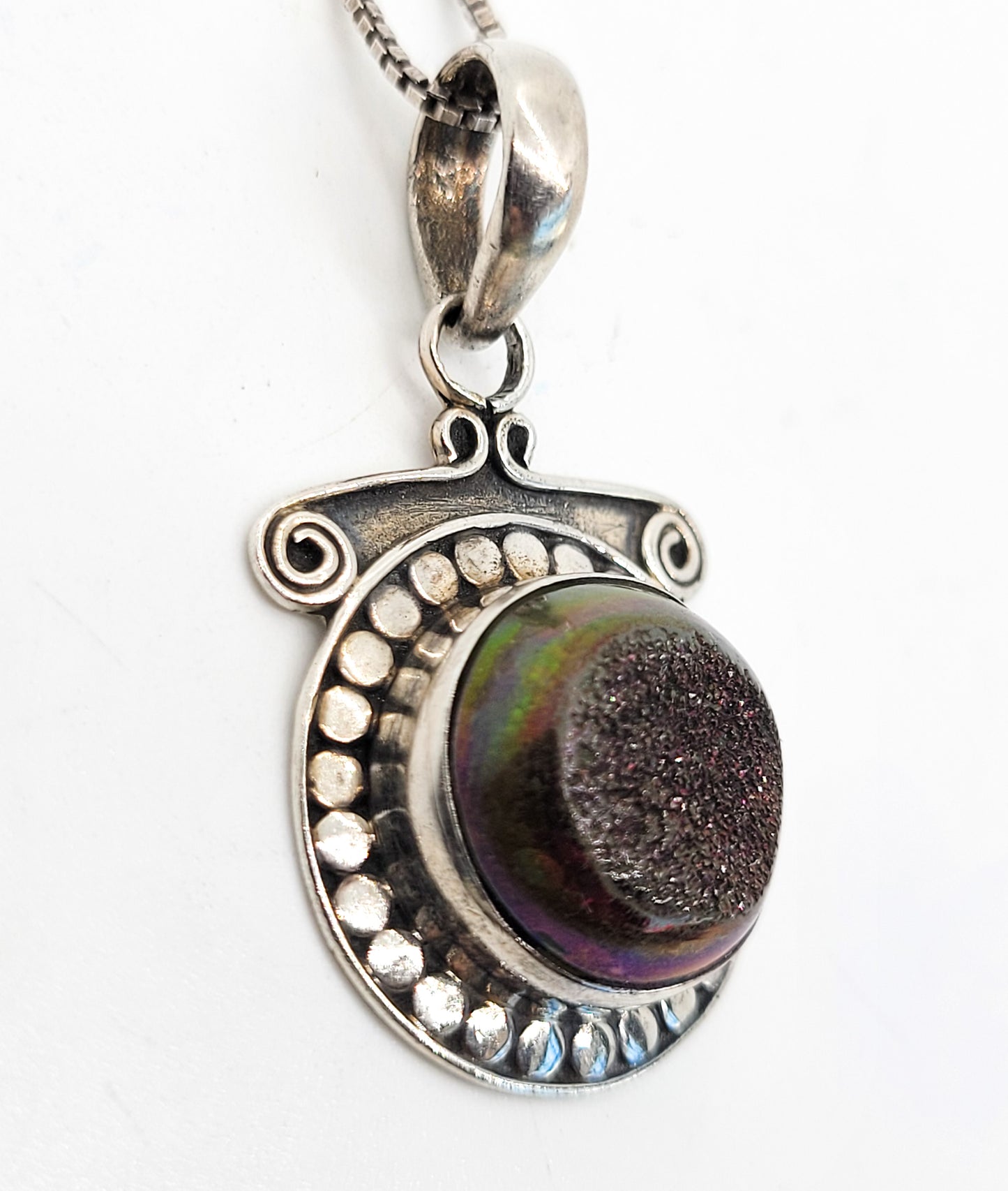 Druzy titanium angel aura purple gold sterling silver vintage tribal Bali pendant necklace