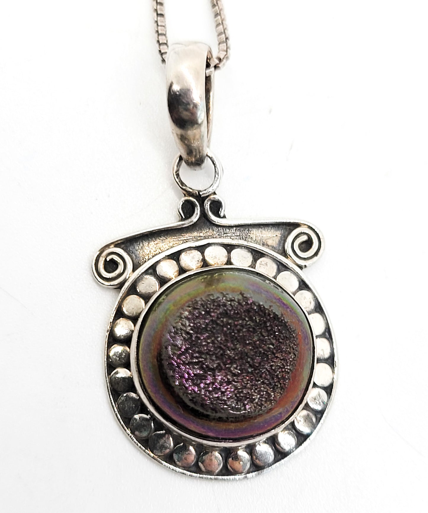 Druzy titanium angel aura purple gold sterling silver vintage tribal Bali pendant necklace