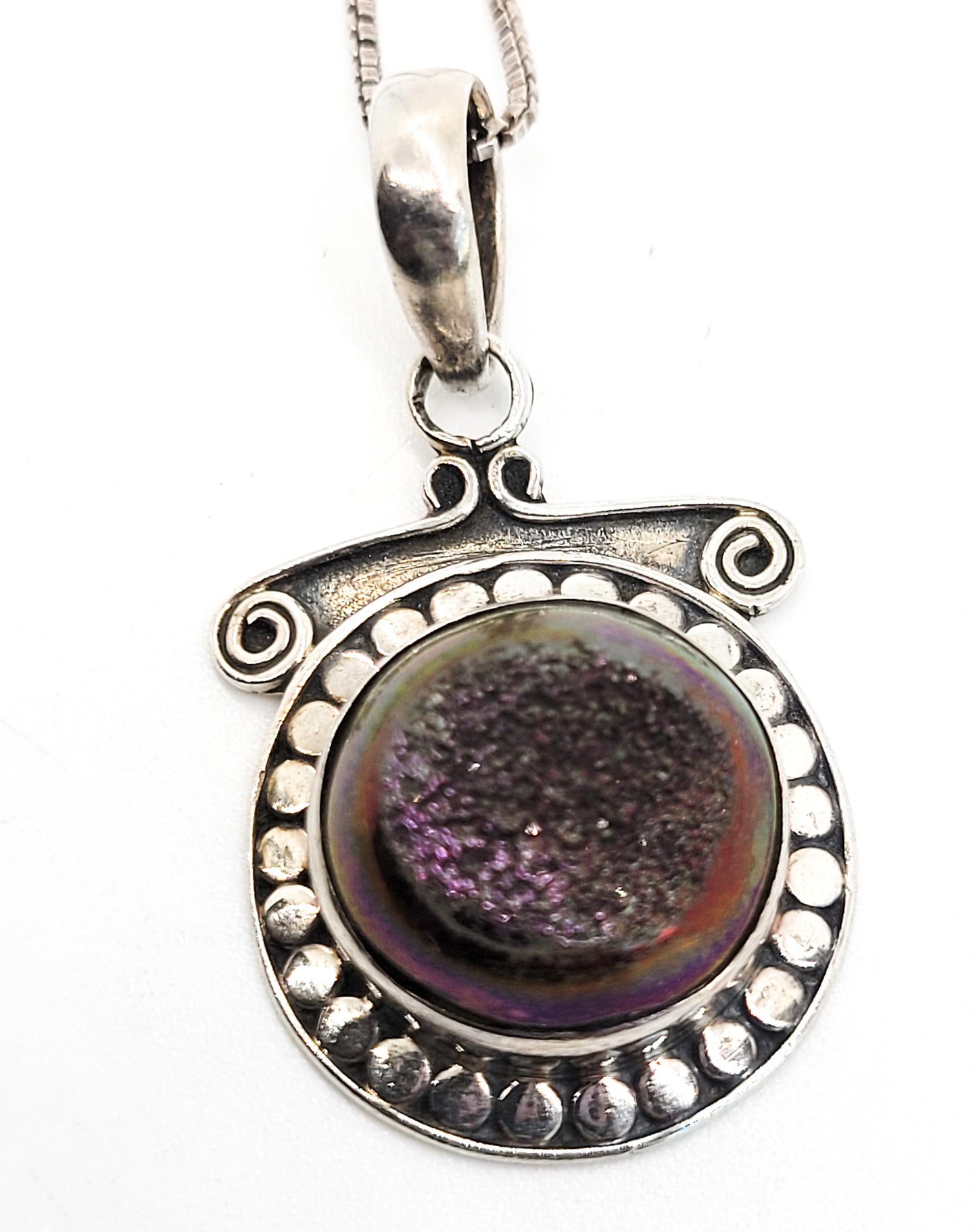 Druzy titanium angel aura purple gold sterling silver vintage tribal Bali pendant necklace