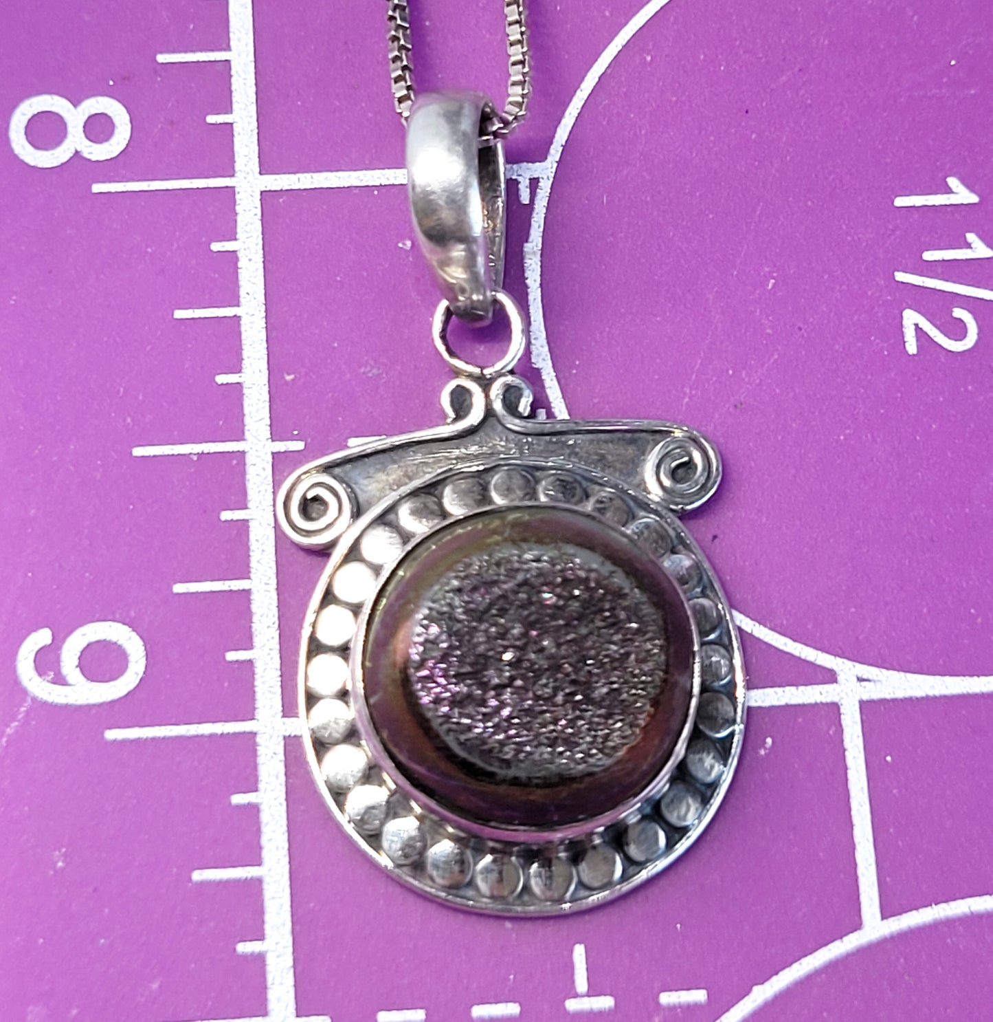 Druzy titanium angel aura purple gold sterling silver vintage tribal Bali pendant necklace