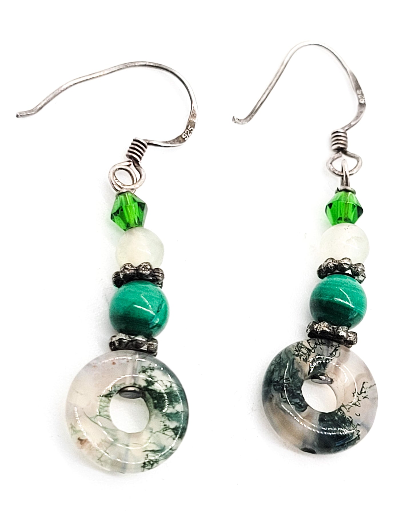 Moss agate beaded green and white gemstone sterling silver vintage earrings