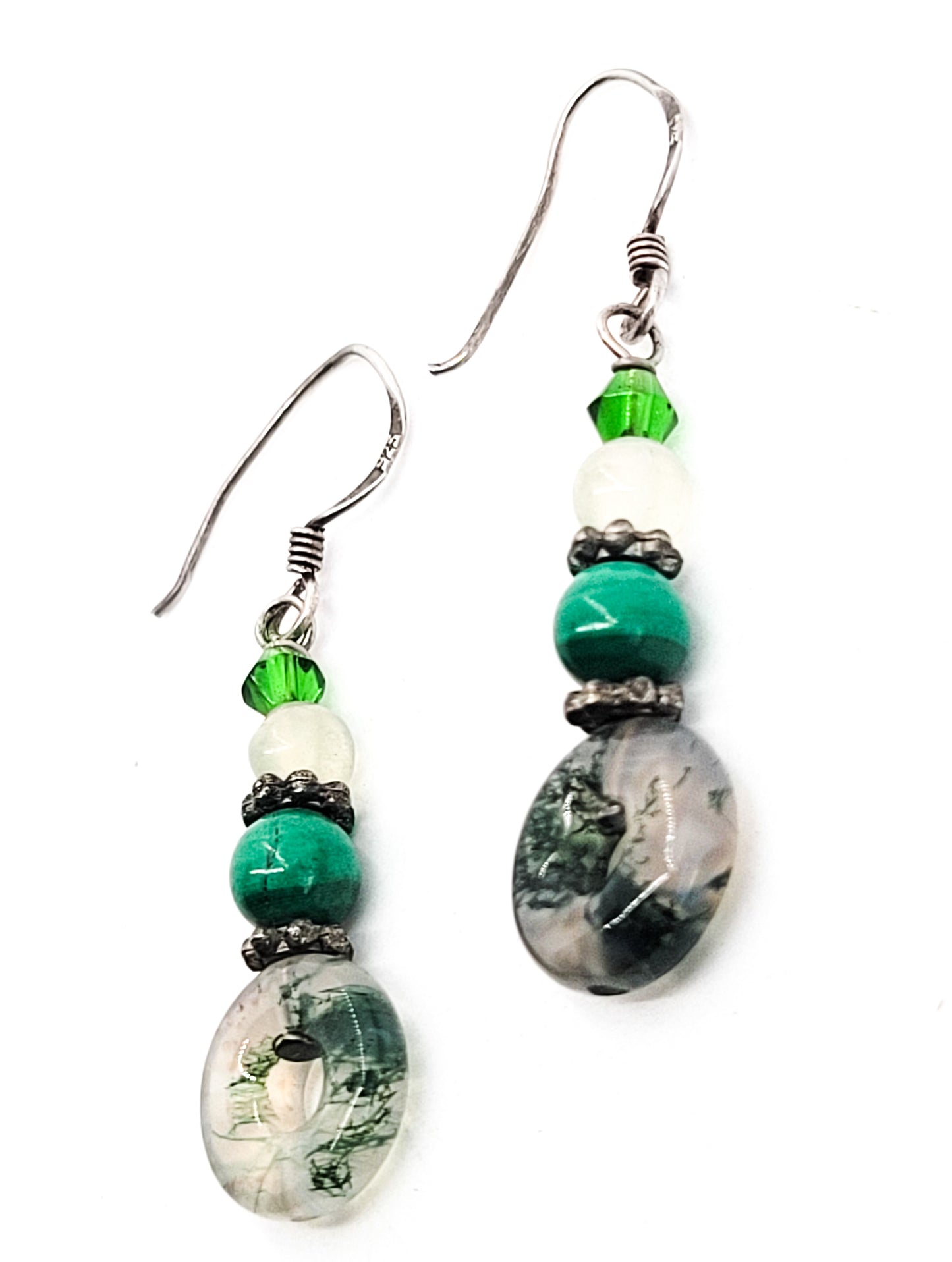 Moss agate beaded green and white gemstone sterling silver vintage earrings