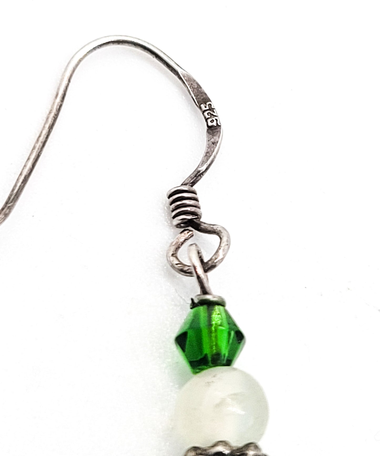 Moss agate beaded green and white gemstone sterling silver vintage earrings
