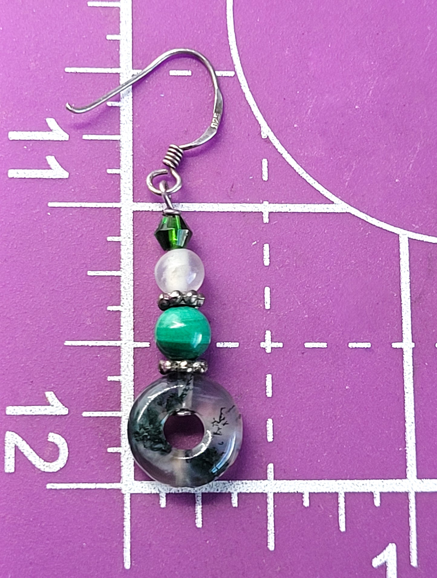 Moss agate beaded green and white gemstone sterling silver vintage earrings
