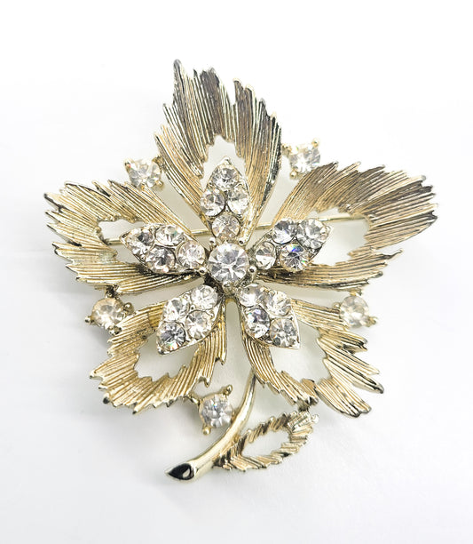 Lisner Maple leaf gold toned clear rhinestone vintage mid century brooch